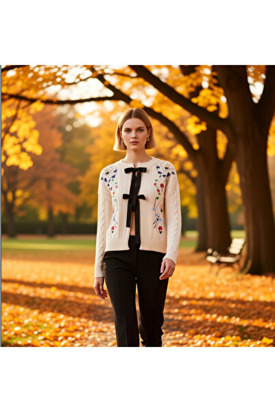 BENERLY كارديجان نسائي محبوك بتفاصيل مطرزة على شكل زهور مع أربطة، تصميم مريح ...