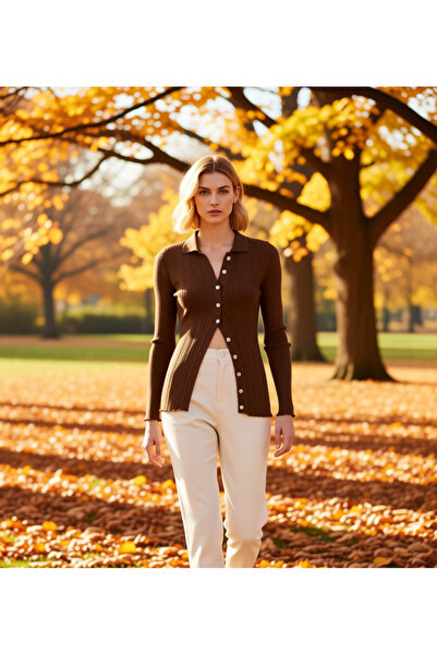 BENERLY Women's Mercerized Textured Corded Fabric Polo Neck Buttoned Long Sle...