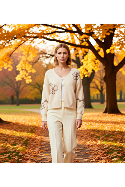 BENERLY Women's Embroidery Detailed V-Neck Oversized Knitwear Cardigan Promis...