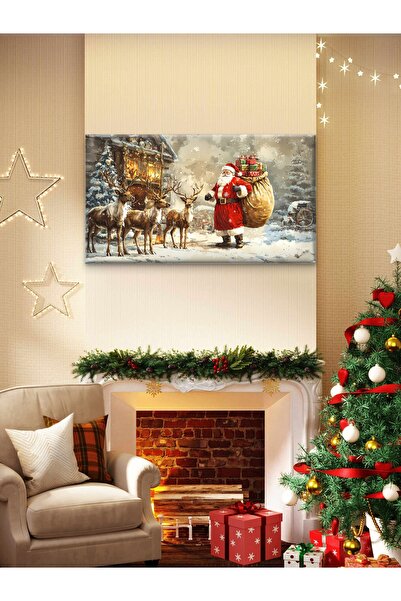 ESLEM NOEL BABA VE GEYİKLER KAR MANZARASI YILBAŞI TEMALI - BASKI KANVAS TABLO