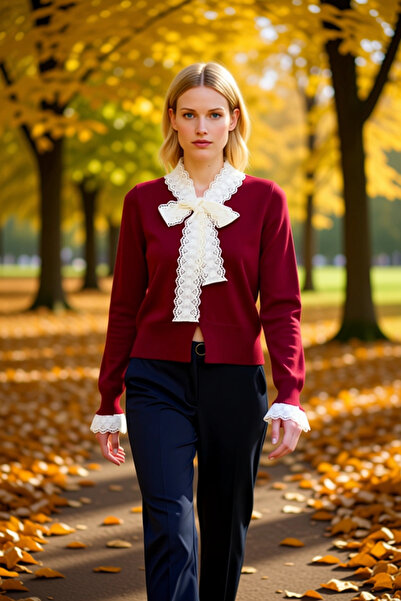 BENERLY Women's Lace Detailed Tie-Up Collar Cropped Knit Cardigan Casual and ...