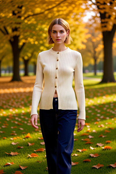 BENERLY Women's Button Detailed Soft Textured Corded Fabric Knitted Slit Deta...