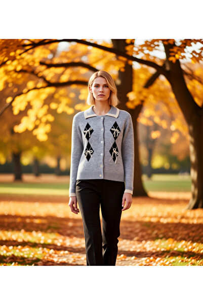 BENERLY Young Girl Diamond Pattern Ribbon Detail Polo Neck Knitwear Cardigan ...