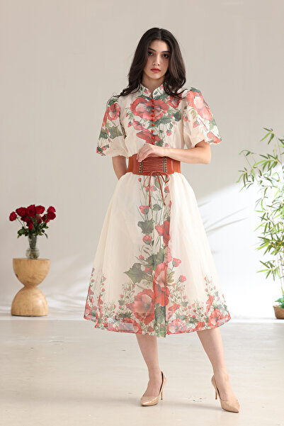 Verona Trading Company فستان ميدي شيفون مزهر بياقة صينية وأكمام منفوخة مع حزا...