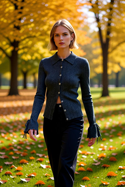 BENERLY Women's Timeless Elegance Corded Fabric Polo Neck Long Sleeve Cuff Ti...