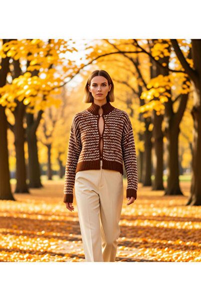 BENERLY Kadın Sıcak Tutan Oversize Crop Dik Yaka Geometrik Örgü Desenli Uzun ...