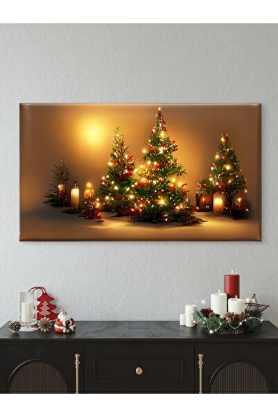 ESLEM YILBAŞI ÇAM AĞAÇLARI VE MUM SÜSLEMELİ NOEL DEKORU - BASKI KANVAS TABLO