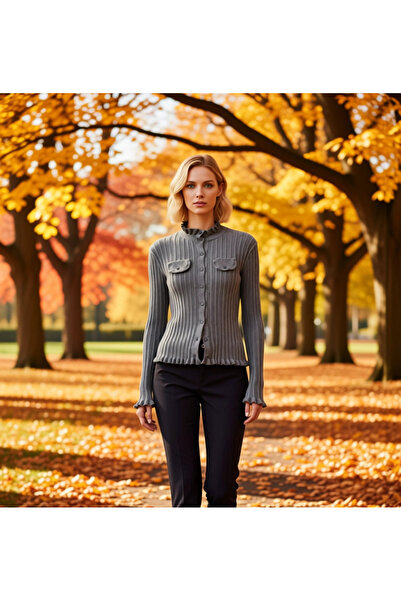 BENERLY Women's Fitted Cut Corded Fabric Knitwear Cardigan Front Buttoned Lon...