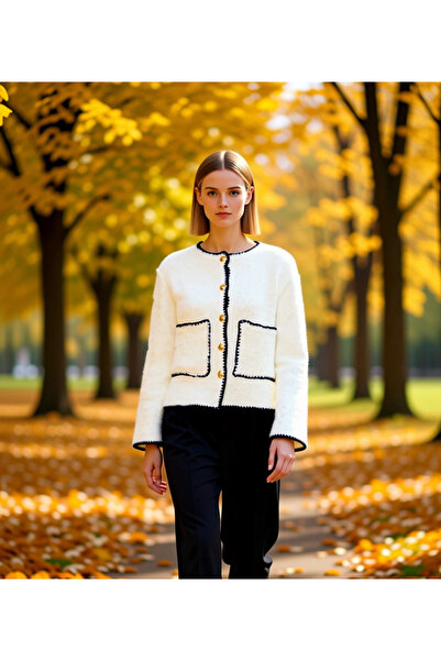 BENERLY Women's Contrast Detailed Buttoned Furry Textured Knitwear Jacket Car...