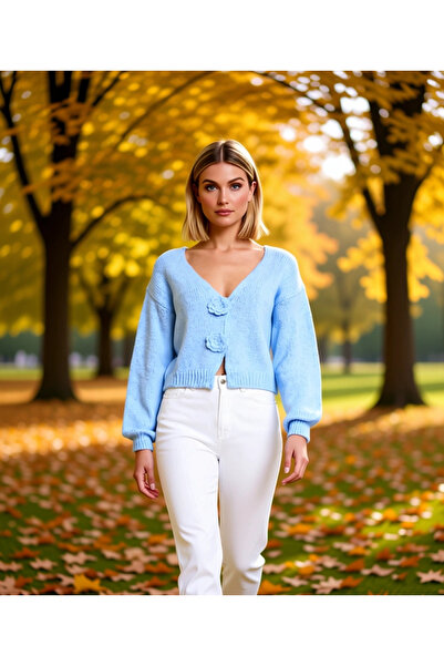 BENERLY Women's Regular Fit V-Neck Balloon Sleeve Rose Detail Crop Knit Cardi...