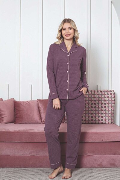 ALİMER Kadın Pijama Takımı - Gülkurusu Puantiyeli Önden Düğmeli Likralı Penye 2888UK