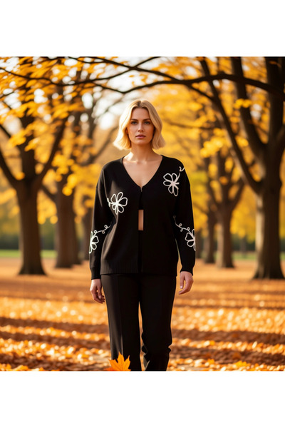 BENERLY Women's V-Neck Floral Embroidered Knitwear Cardigan Relaxed Fit Long ...