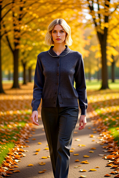 BENERLY Women's Peter Pan collar Contrast Detailed Soft Textured Long Sleeve ...