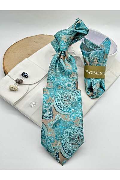 Gutiero Classic Tie with Turquoise Shawl Patterned Handkerchief