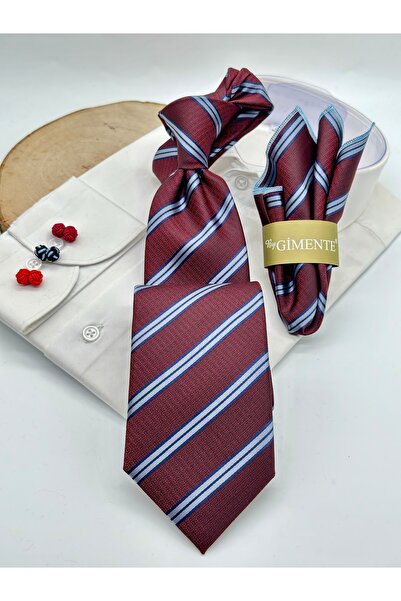 Gutiero Claret Red Striped Classic Tie with Handkerchief