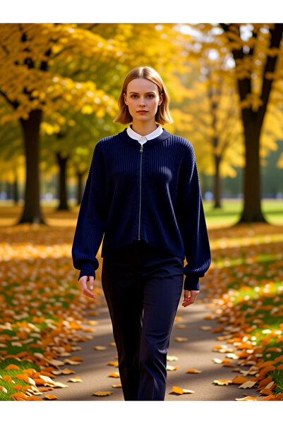 BENERLY Women's Anthracite Bomber Collar Zippered Knitwear Cardigan Functiona...