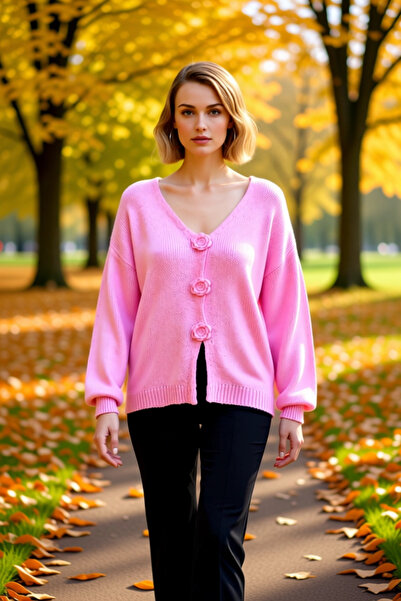 BENERLY Women's Stylish and Comfortable Floral Motif Buttoned V-Neck Long Sle...