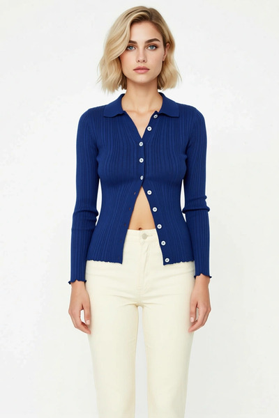 BENERLY Women's Mercerized Textured Corded Fabric Polo Neck Buttoned Long Sle...