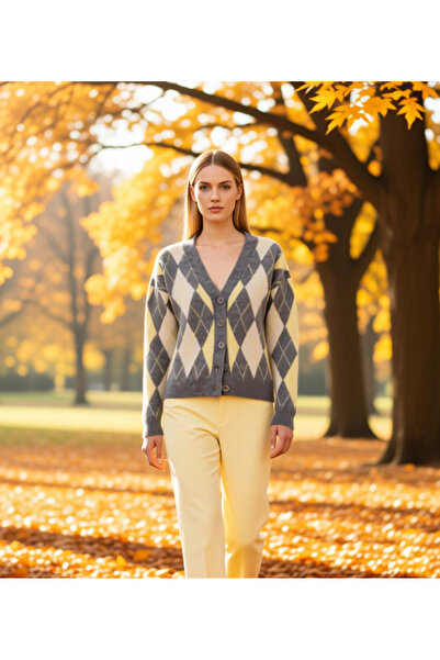 BENERLY Women's V-Neck Soft Textured Argyle Pattern Knitwear Cardigan Relaxed...