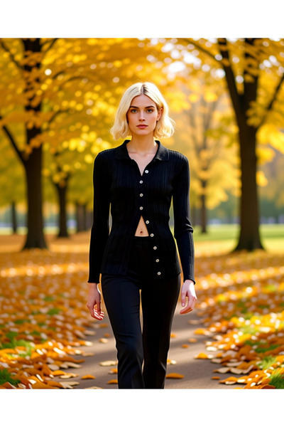 BENERLY Kadın Merserize Dokulu Fitilli Polo Yaka Düğmeli Uzun Kollu Dar Kesim...