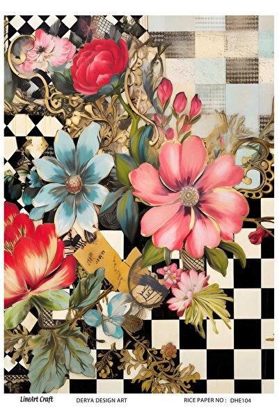 DERYA DESİNG ART Çiçekli Kareli Desen Pirinç Dekopaj Kağıdı No:DHE104- 29x42cm