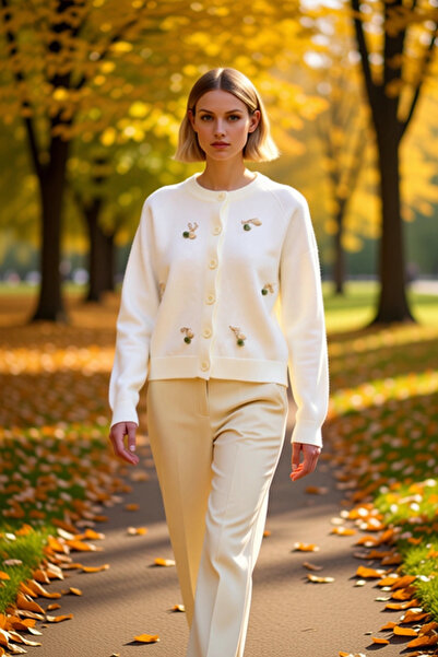 BENERLY Women's Crew Neck Raglan Sleeve Cherry Detailed Buttoned Knit Cardiga...