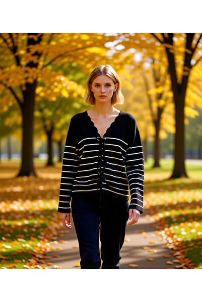 BENERLY سترة نسائية مخططة بياقة على شكل V مع تفاصيل ربط، تريكو بأكمام طويلة و...