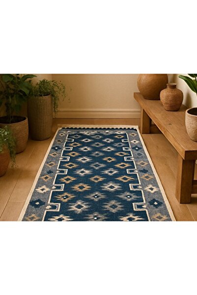 OEM Traditional woven rug, double-sided, jute, size 80 x 150 cm, blue and cream, Floral pattern