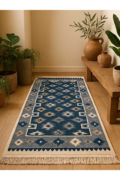 OEM Traditional woven rug, double-sided, jute, size 80 x 150 cm, blue and cream, Floral pattern