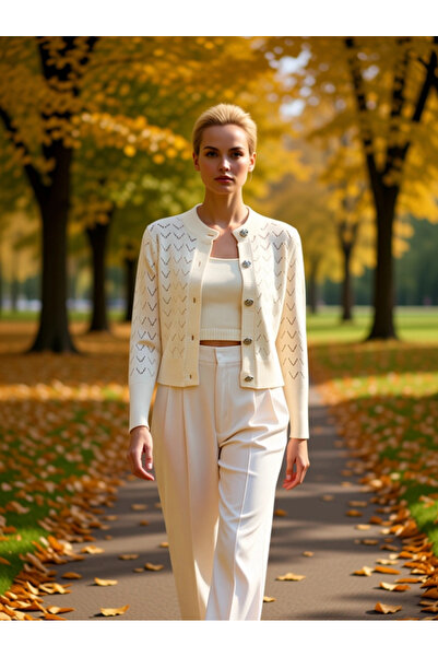 BENERLY Women's Lace-Like Knit Zigzag Patterned Crew Neck Long Sleeve Crop Cu...