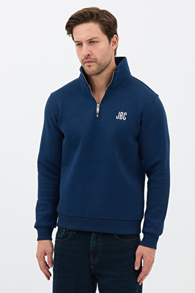 JBC Embroidered Half Zip Indigo D Mock Neck Sweatshirt