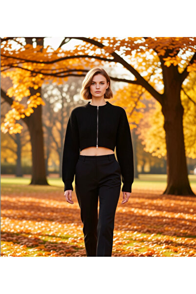 BENERLY Women's Zipper Detailed Crew Neck Crop Knitwear Cardigan Functional D...