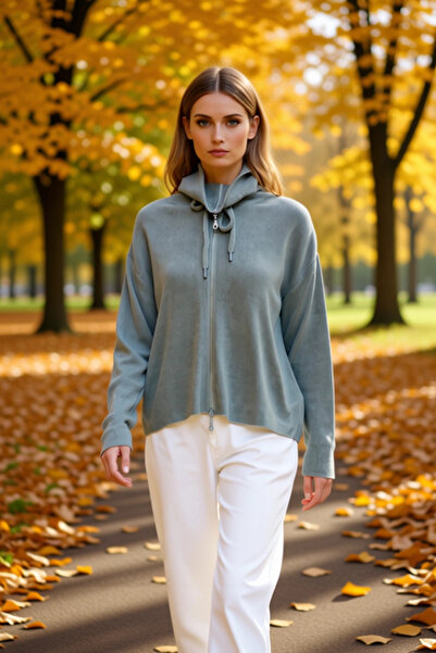 BENERLY سترة نسائية واسعة بتفاصيل سحاب قماش مجدّل من الأكريليك المحبوك برباط ...