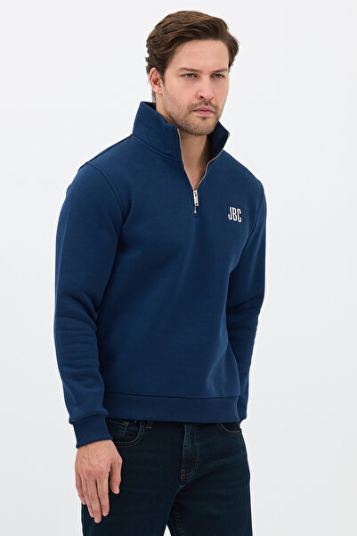 JBC Embroidered Half Zip Indigo D Mock Neck Sweatshirt