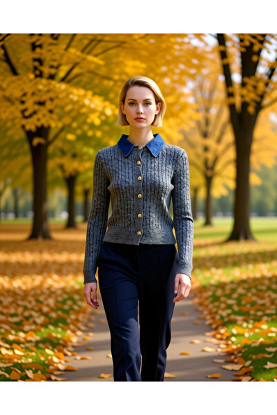 BENERLY Women's Denim Collar Hair Braid Patterned Knitwear Cardigan Winter Se...