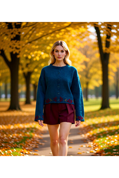 BENERLY Women's Soft Textured Wide Fit Floral Embroidery Detailed Buttoned Lo...