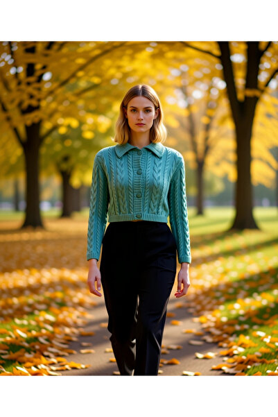 BENERLY Women's Button Detailed Hair Braid Patterned Polo Neck Crop Cut Long ...