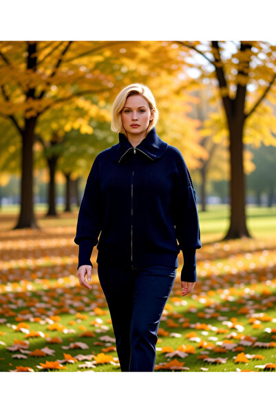 BENERLY Kadın Rahat Fermuarlı Devrik Yaka Uzun Düşük Kollu Selanik Örgü Kalın...