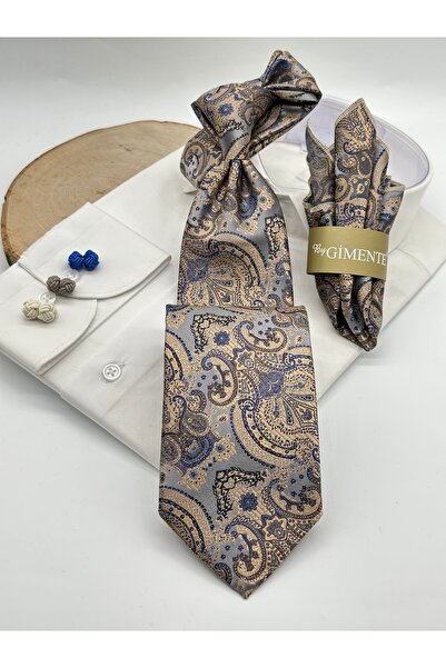 Gutiero Classic Tie with Gray Paisley Patterned Handkerchief