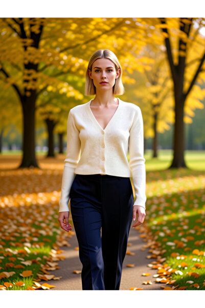 BENERLY Women's Crop Button Detailed Soft Textured V-Neck Wool Knitwear Cardi...