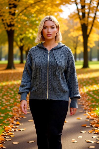 BENERLY Kadın Rahat Kesim Saç Örgü Desenli Kapüşonlu Fermuarlı Triko Hırka Kışlık Kombinlerinize Şıklık