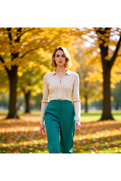 BENERLY Women's Cropped Zippered Polo Neck Long Sleeve Corded Fabric Knitwear...