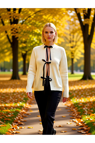 BENERLY Women's Crew Neck Ribbon Tie Crop Knit Cardigan Modern Elegance and C...