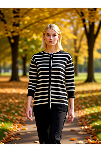 BENERLY Tricotaj pentru femei, cu dungi, cu gât turnat, cu mânecă lungă, cu n...