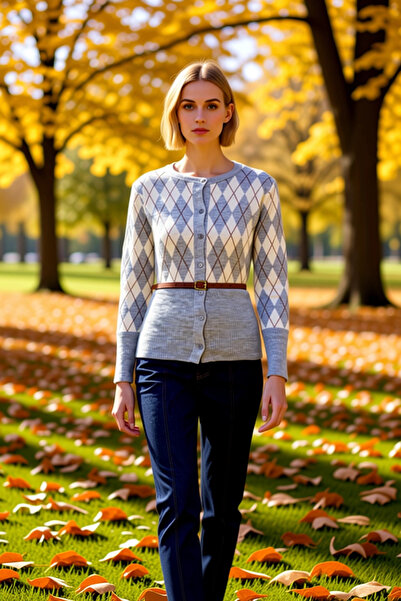 BENERLY Women's Diamond Patterned Buttoned Front Long Sleeve Knit Cardigan wi...