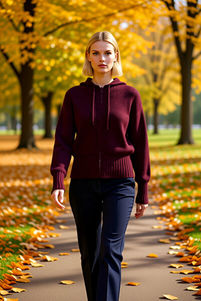 BENERLY Women's Regular Fit Hooded Zippered Long Sleeve Soft Textured Corded ...