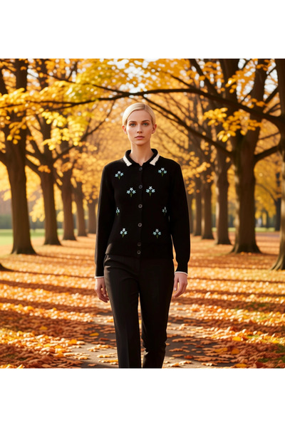 BENERLY سترة نسائية مطرزة بالزهور بياقة بولو، تصميم مريح، مناسبة للاستخدام ال...