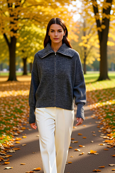 BENERLY Women's Wide-Fit Turn-Down Collar Zippered Knitwear Cardigan Long-Sle...