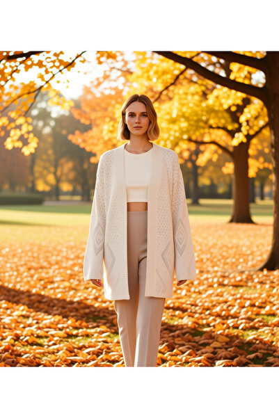 BENERLY Women's Lace-Like Knit V-Neck Wide Fit Midi Knitwear Cardigan Functio...