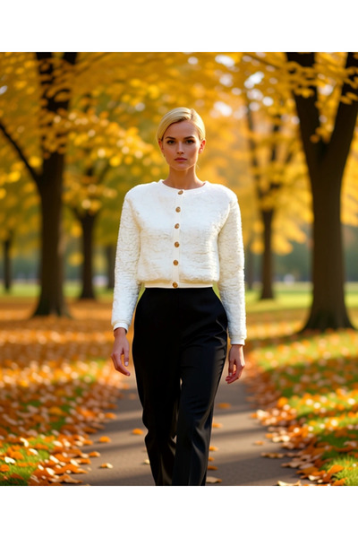 BENERLY Women's Plush Textured Knitted Crop Cardigan with Gold Button Detail,...